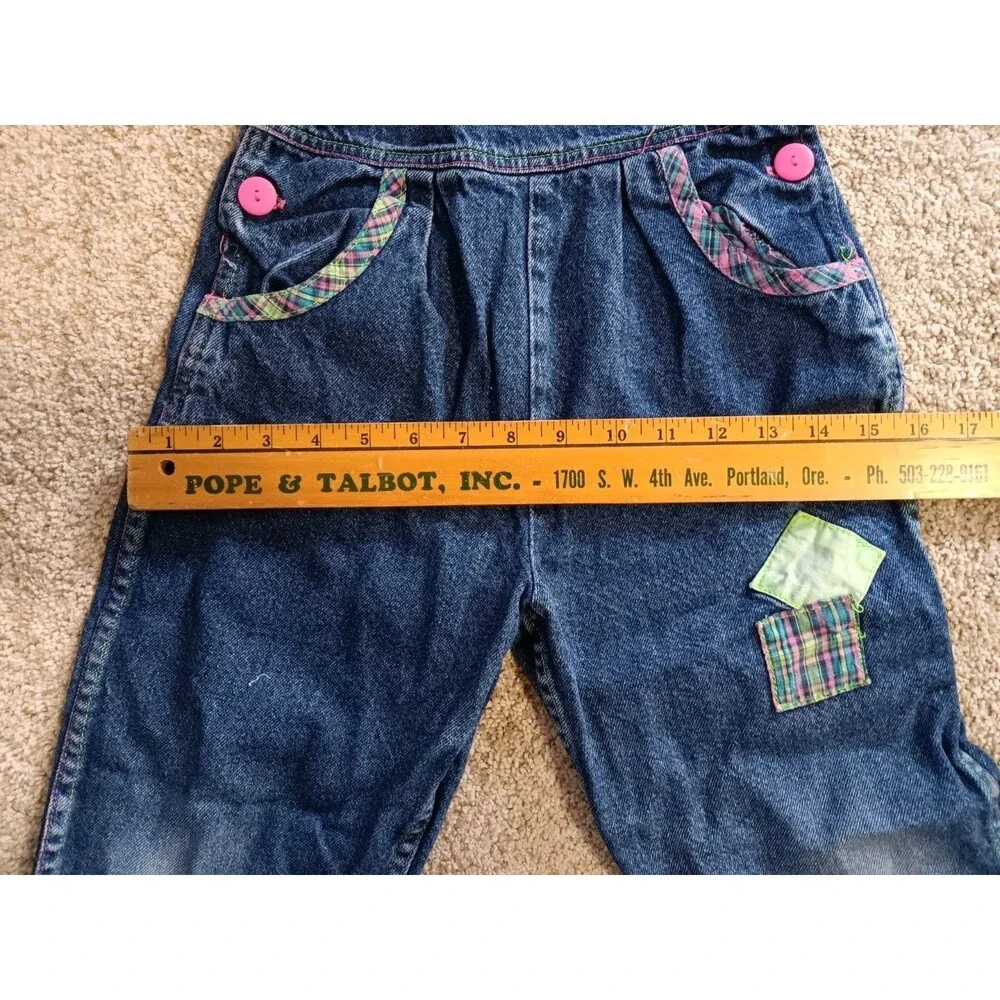 Vintage OshKosh B'Gosh Girls Vestbak Sz 6X Denim Overalls USA Patches Plaid Pink